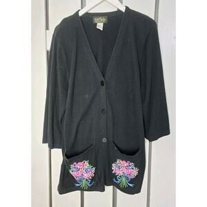 Bob Mackie Wearable Art Floral Embroidered Black Cardigan Jacket L Granny Mature